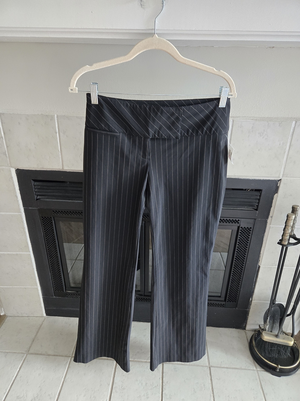 bebe Black Pinstripe Boot-Cut Dress Pants